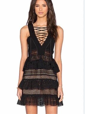 Self Portrait Lace Up Tiered Dress Black US 4 UK 8